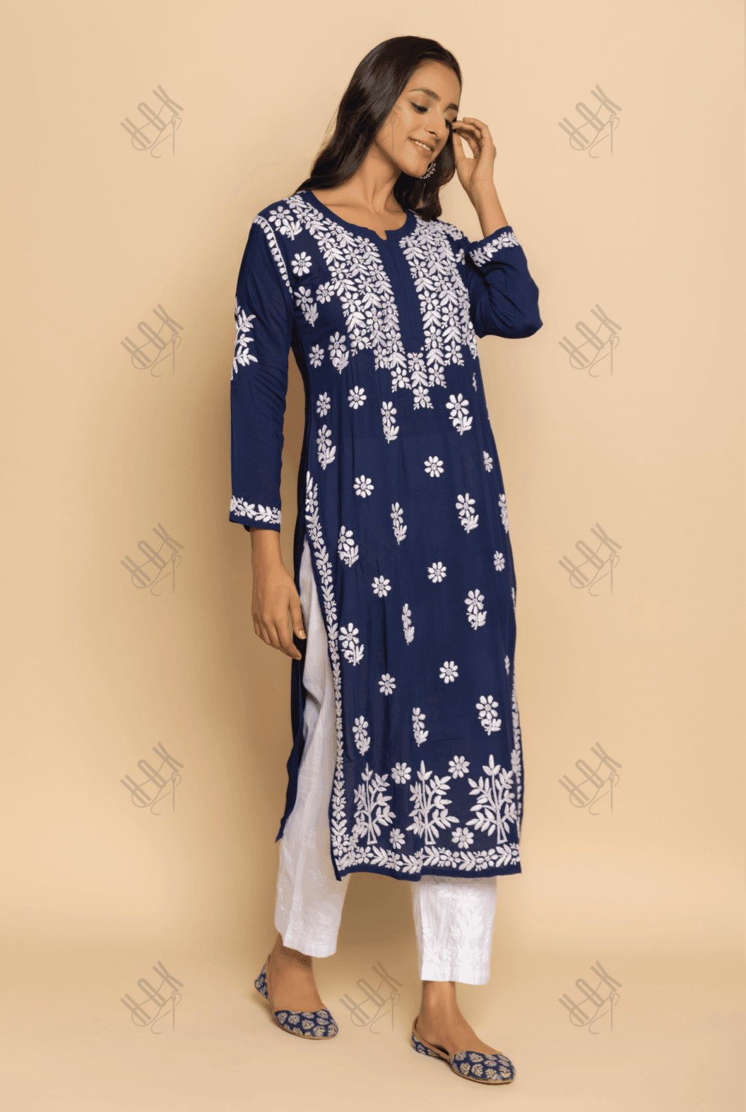 Fizaa chikankari Kurta in Modal cotton Blue - House Of Kari (Chikankari Clothing)