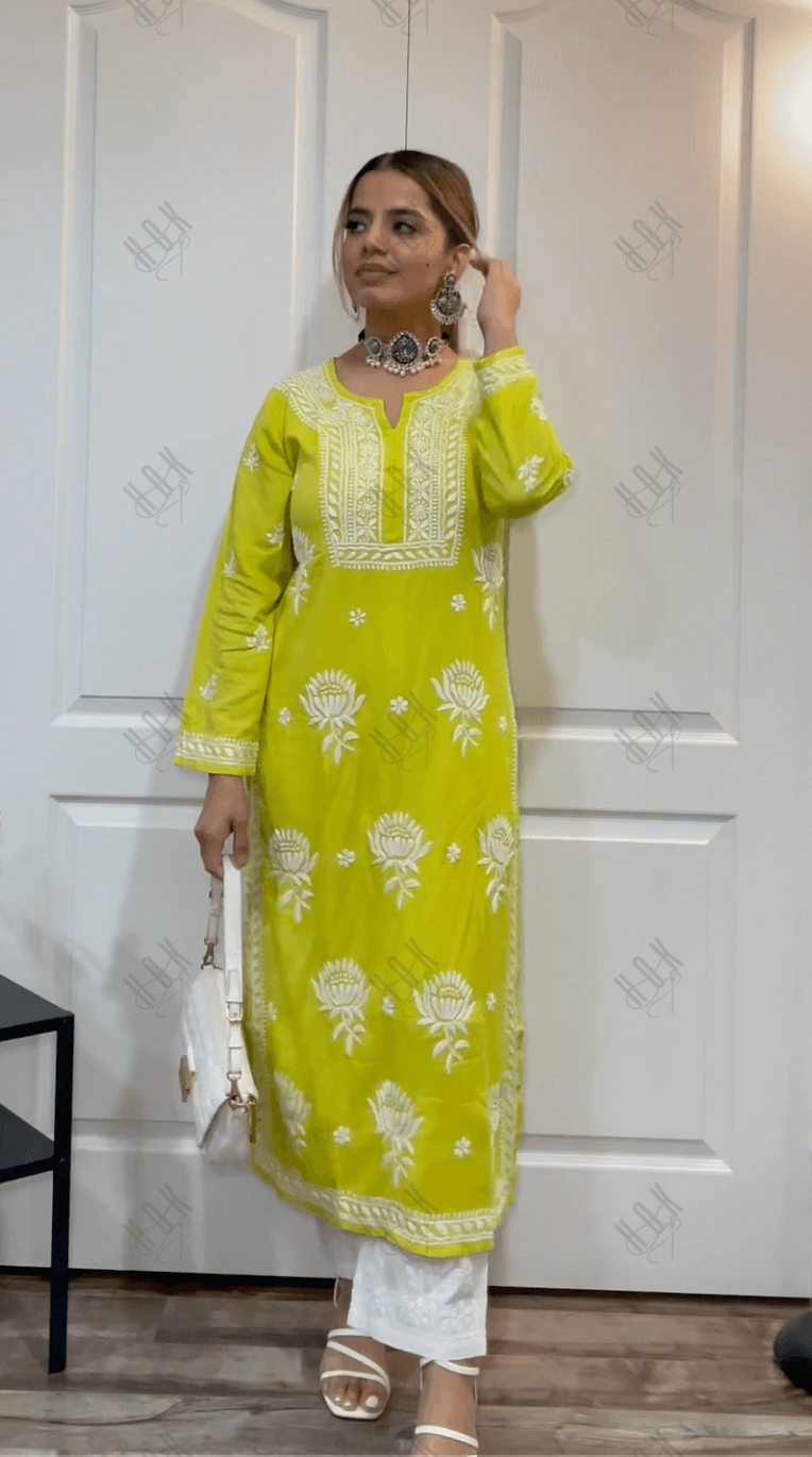 Mohopreet in Chikankari Hand Embroidery Lemon Kurta