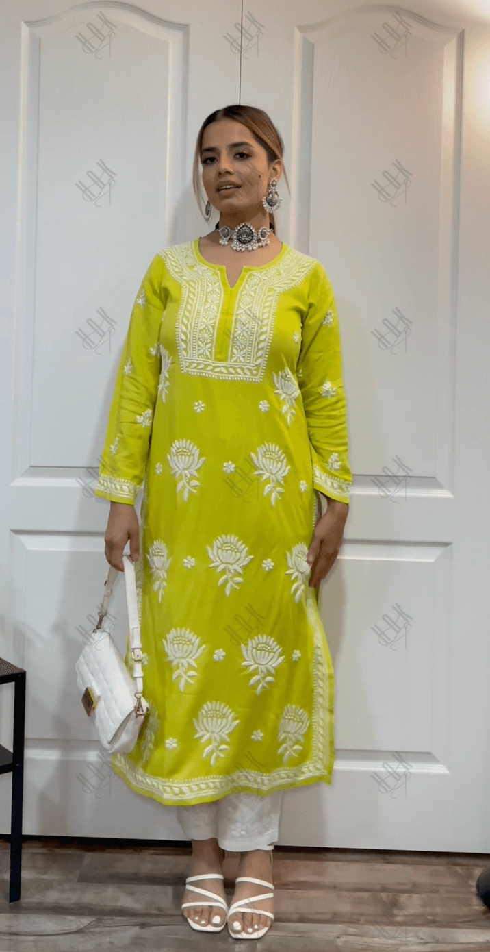 Mohopreet in Chikankari Hand Embroidery Lemon Kurta