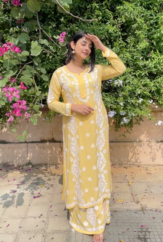 Taru in Chikankari Kurta Set Modal Cotton - Yellow
