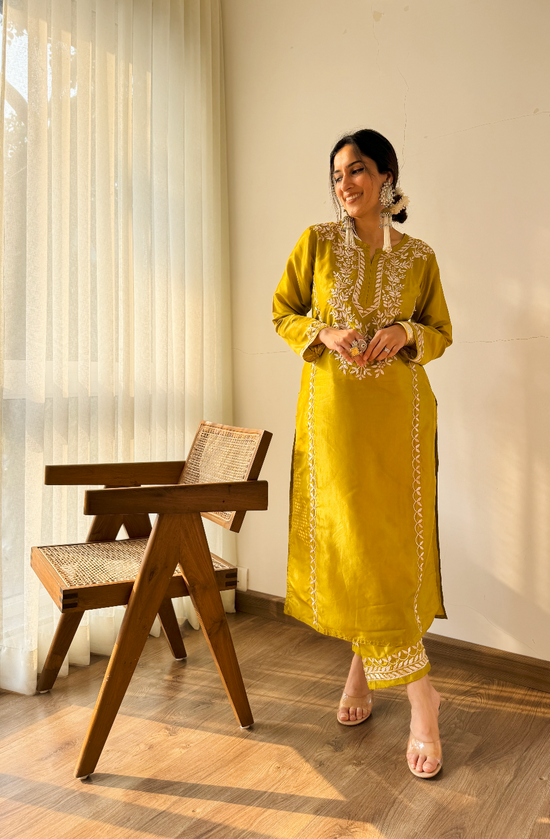Urmi in Silk Chikankari Kurta Set for Women - Mustard Yellow