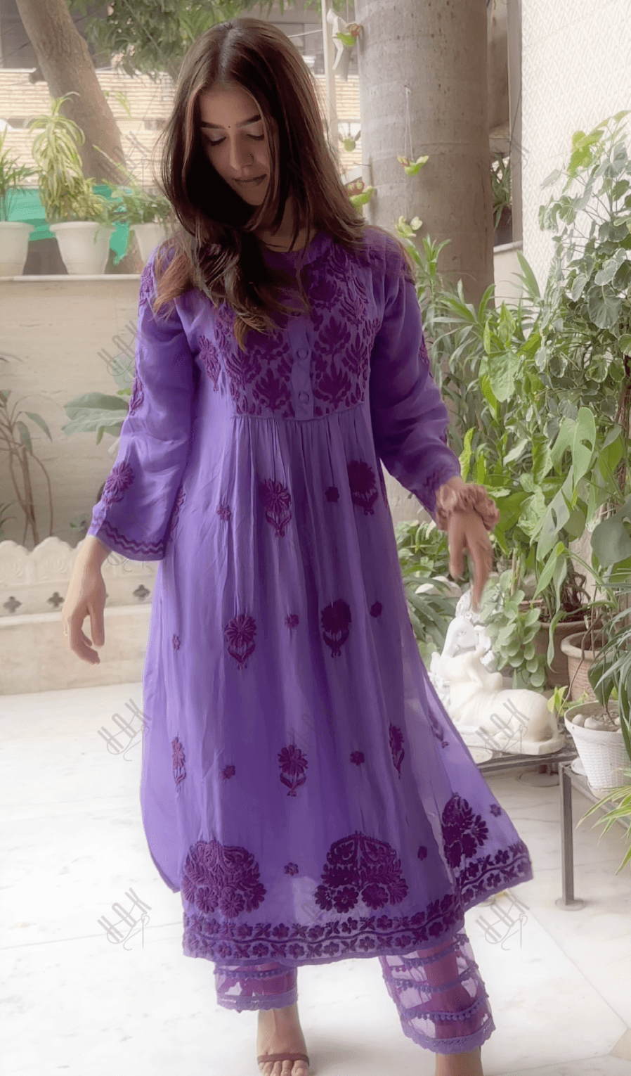 Ada in Chikankari Crepe Silk Kurta for Women in Purple Spraed Collar