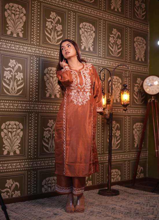 Load image into Gallery viewer, Kajal in Silk Chikankari Kurta Set for Women - Copper Brown
