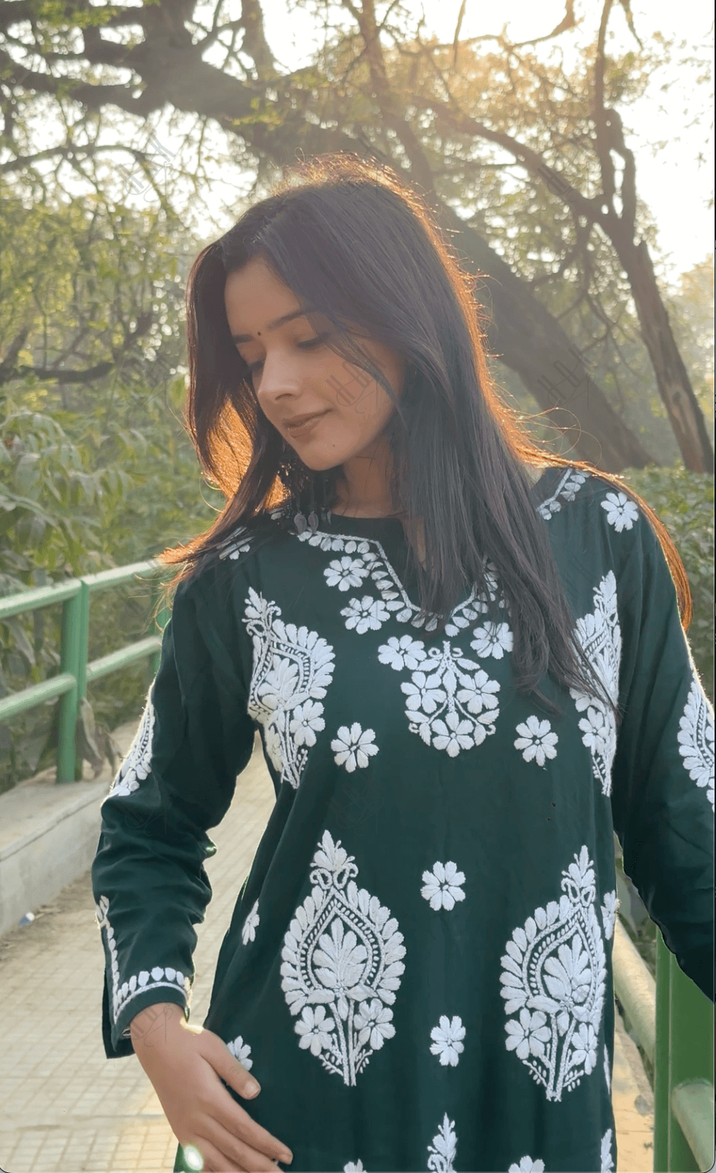 Jhanvi in Fizaa Chikankari Kurta in Rayon Cotton Notch Neck Sea Green