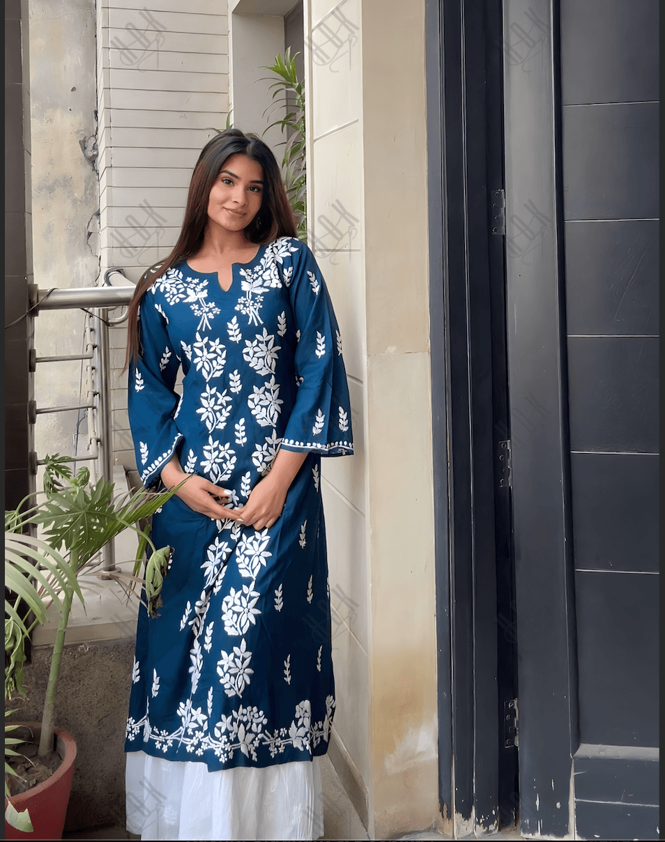 Ananya in Fizaa Rayon Cotton Chikankari Kurta - Blue