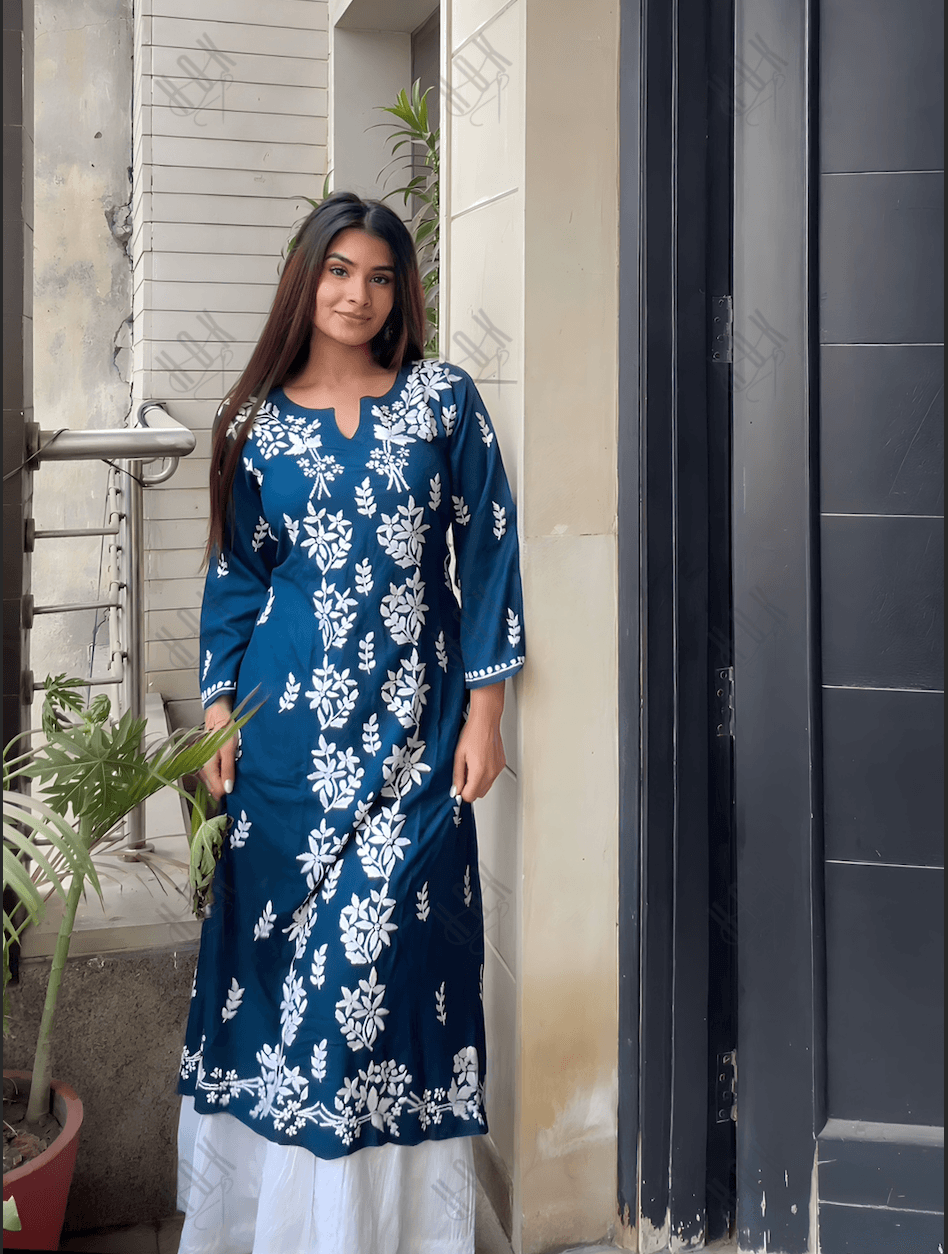 Ananya in Fizaa Rayon Cotton Chikankari Kurta - Blue