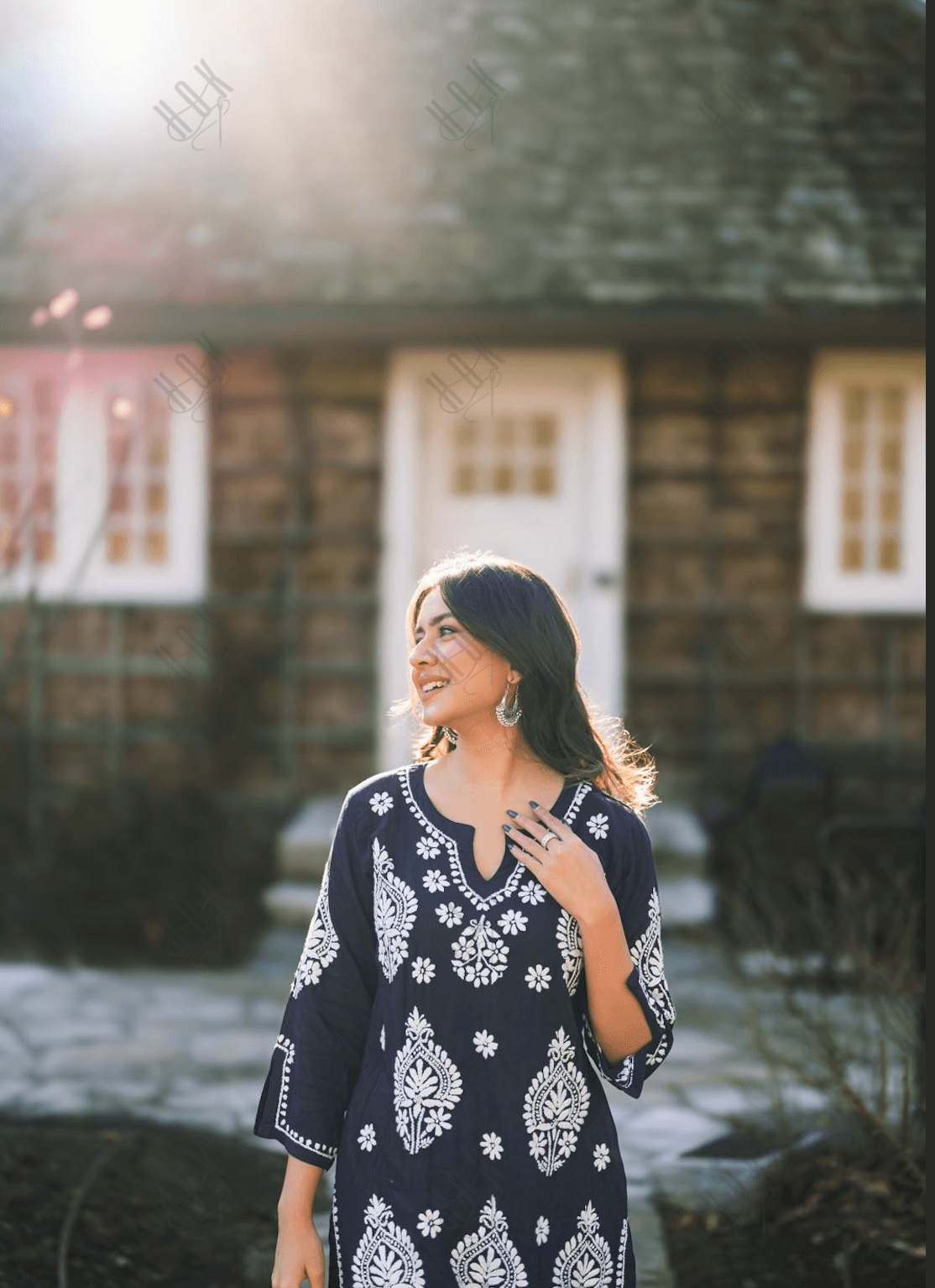 Himani in Fizaa Chikankari Kurta in Rayon Cotton Notch Neck Navy blue