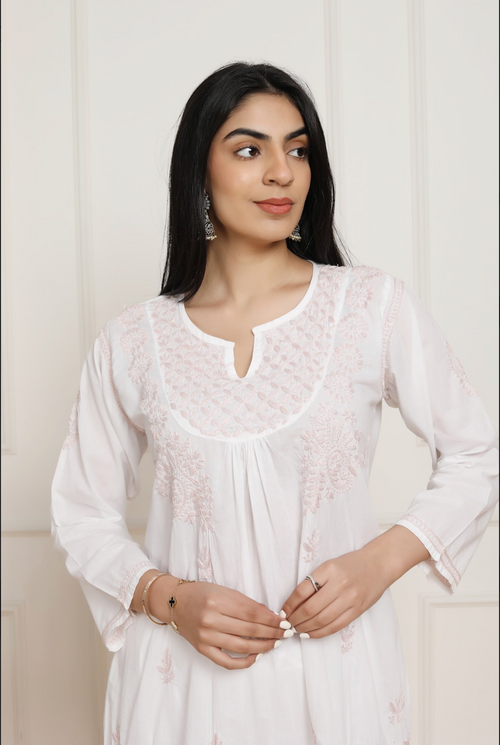 Saba Chikankari shirt kurta in cotton - White with Peach