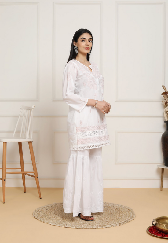 Saba Chikankari shirt kurta in cotton - White with Peach