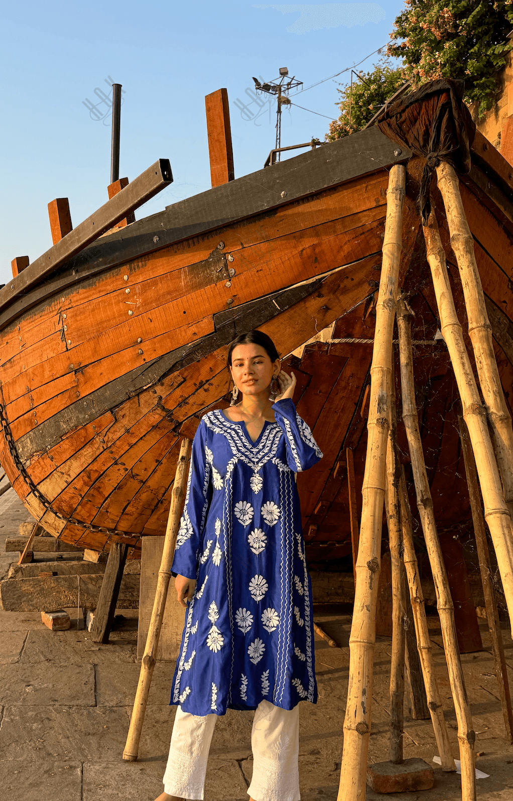 Kanchan in Saba Chikankari Long Kurta in Barfi Silk - Blue