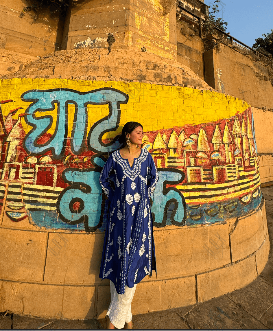 Kanchan in Saba Chikankari Long Kurta in Barfi Silk - Blue