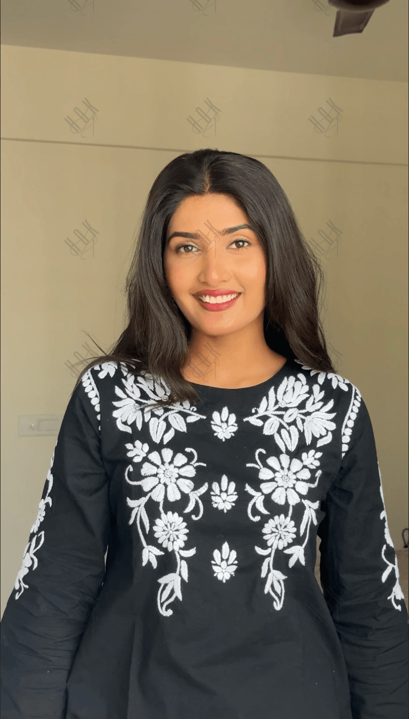 FIZA in Saba Chikankari Co-ord Set in Cotton Cambric - Black With White