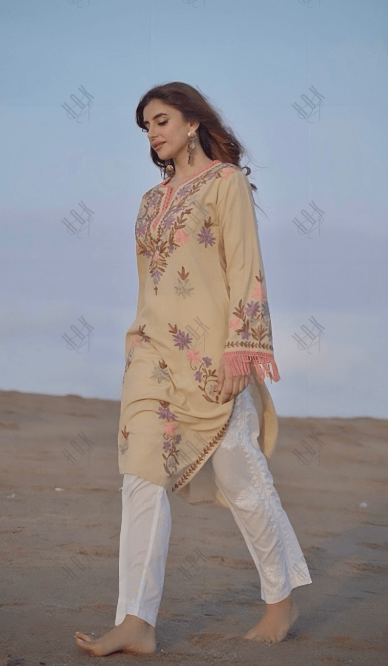 Miesha in Falak Kashmiri Long Kurta - Beige