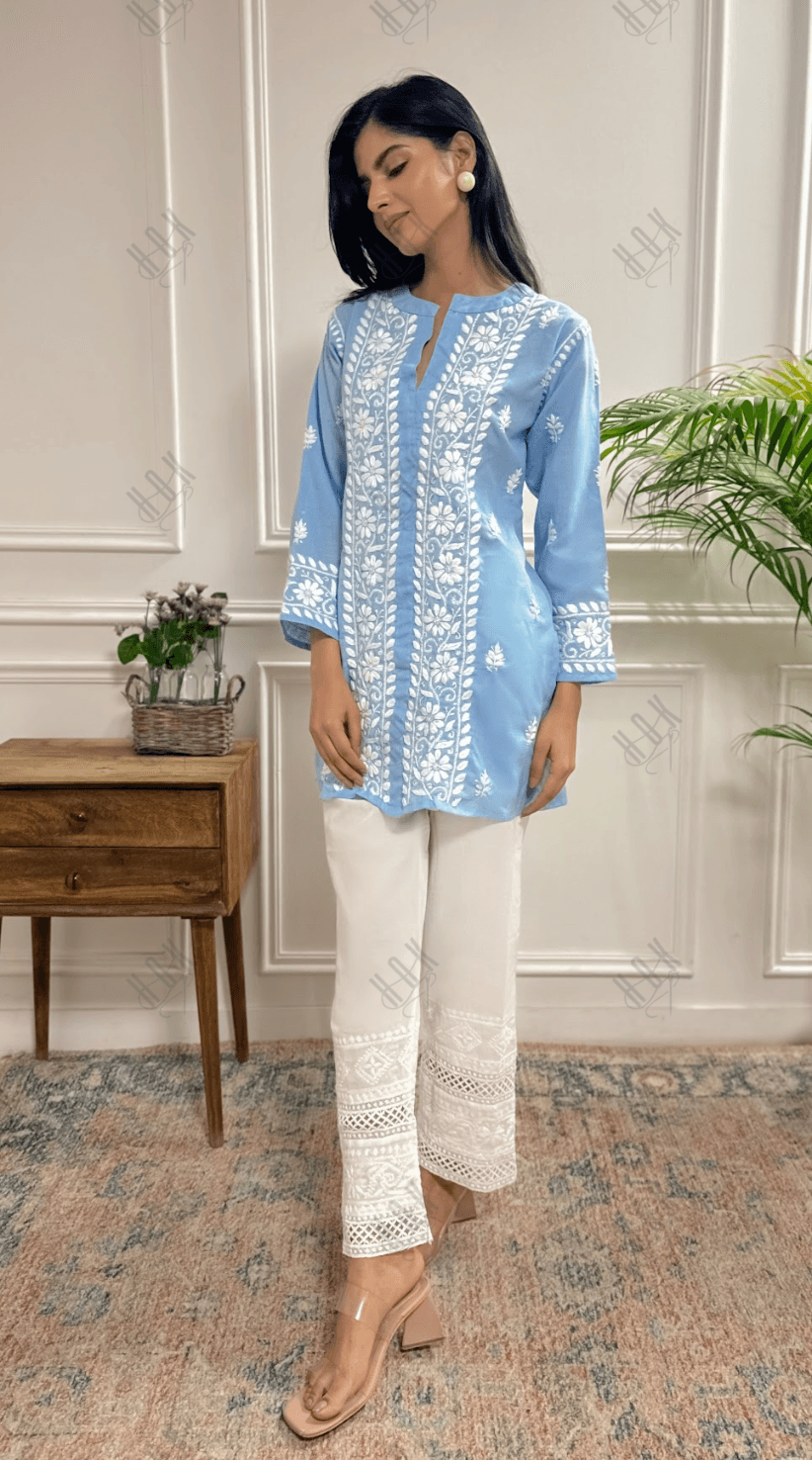 Saba Chikankari Short kurta in Slub cotton - Powder Blue