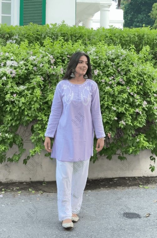 Jasmeet Saba Chikankari Short kurta in Slub cotton - Lilac