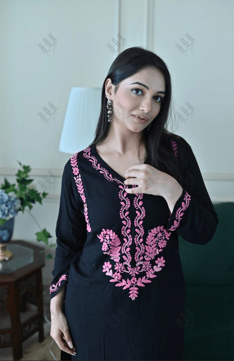 Anantra in Saba Chikankari Long Kurta in Rayon Cotton - Black