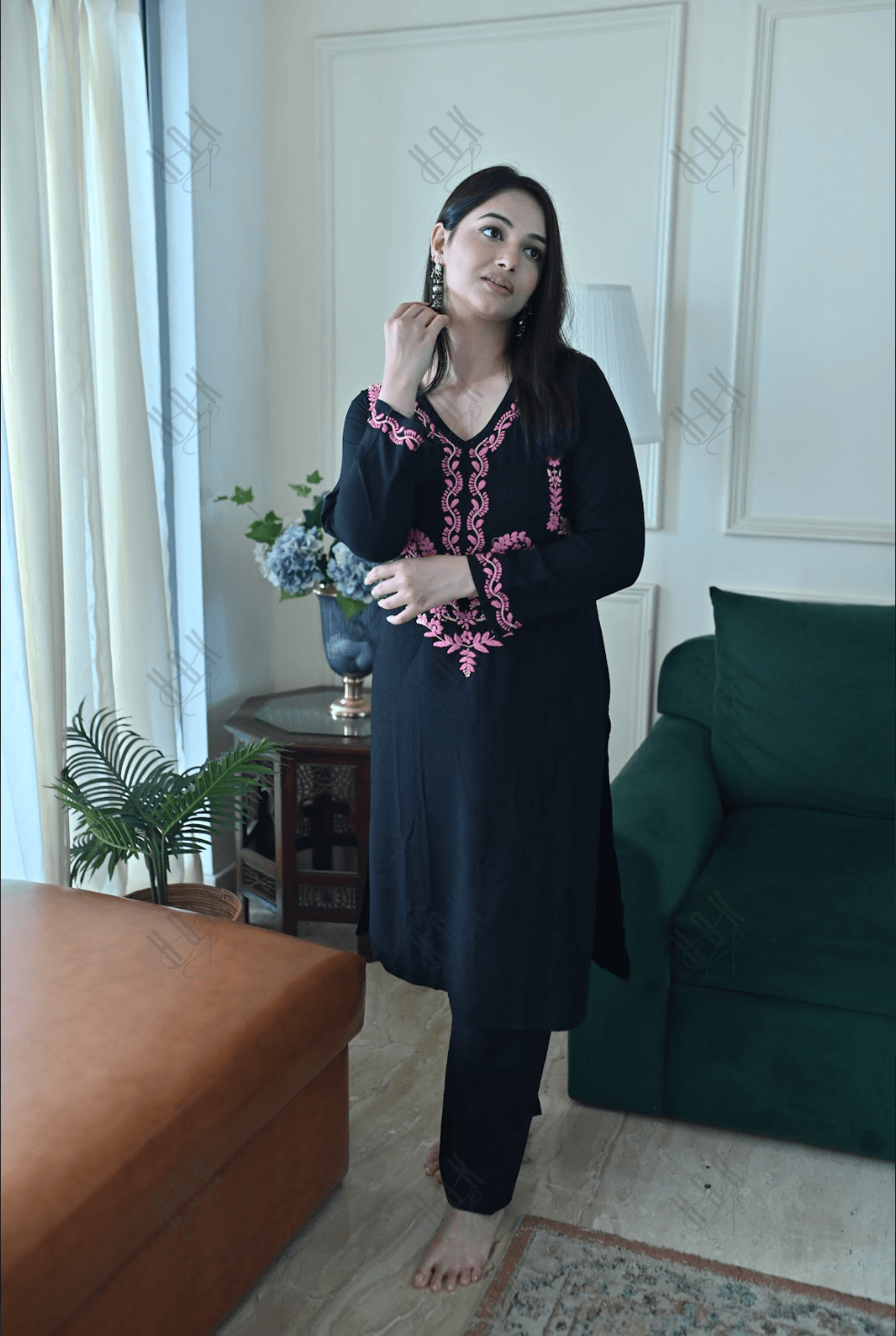 Anantra in Saba Chikankari Long Kurta in Rayon Cotton - Black