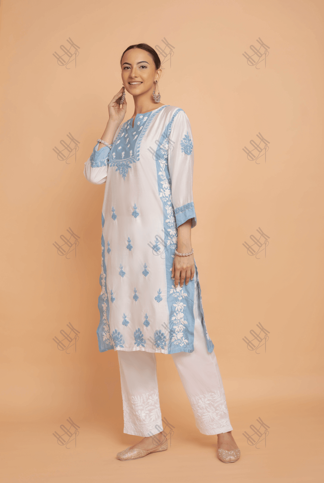 Saba Chikankari kurta in Chanderi Silk - White With Blue