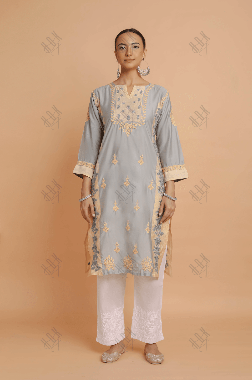 Saba Chikankari kurta in Chanderi Silk - Grey With Beige