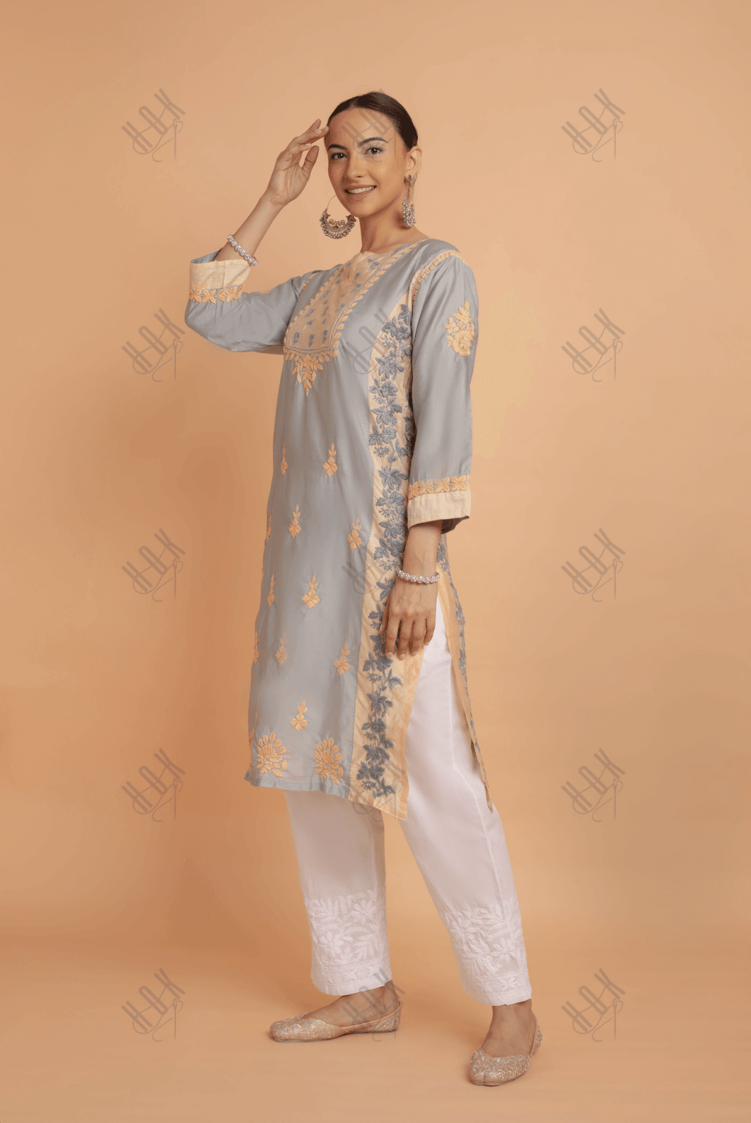 Saba Chikankari kurta in Chanderi Silk - Grey With Beige