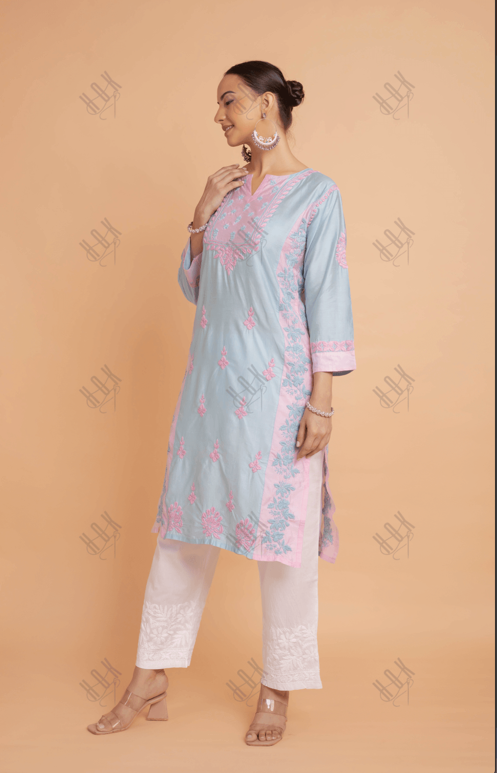 Saba Chikankari kurta in Chanderi Silk - Turquoise Blue With Pink