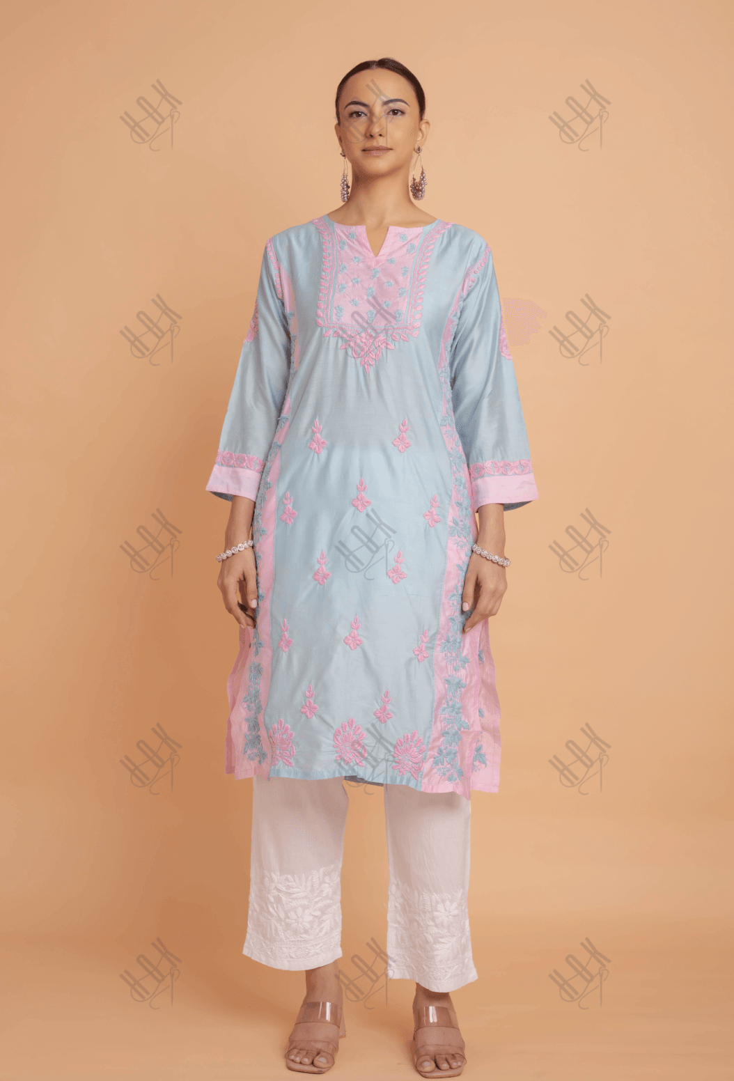 Saba Chikankari kurta in Chanderi Silk - Turquoise Blue With Pink