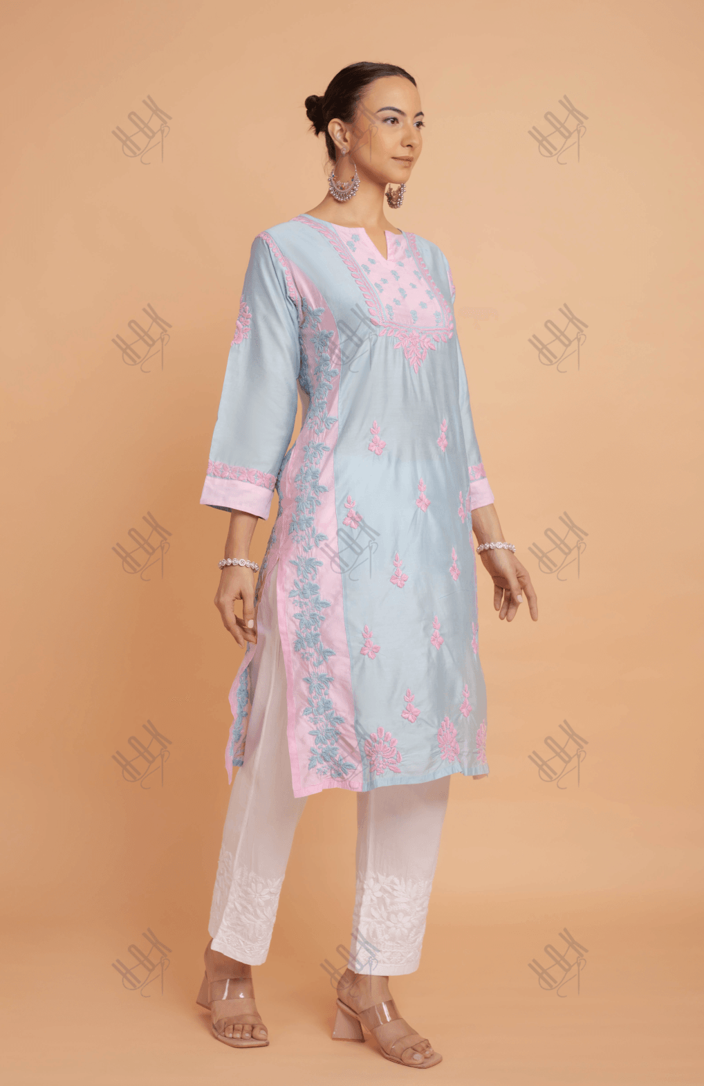 Saba Chikankari kurta in Chanderi Silk - Turquoise Blue With Pink