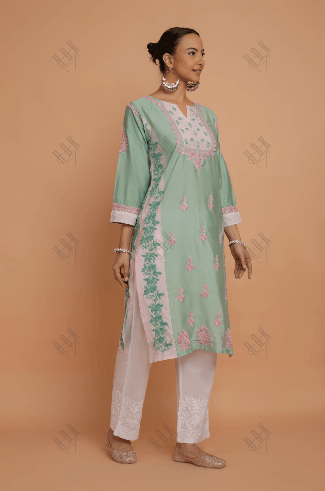 Saba Chikankari kurta in Chanderi Silk - Sea Green With Pink