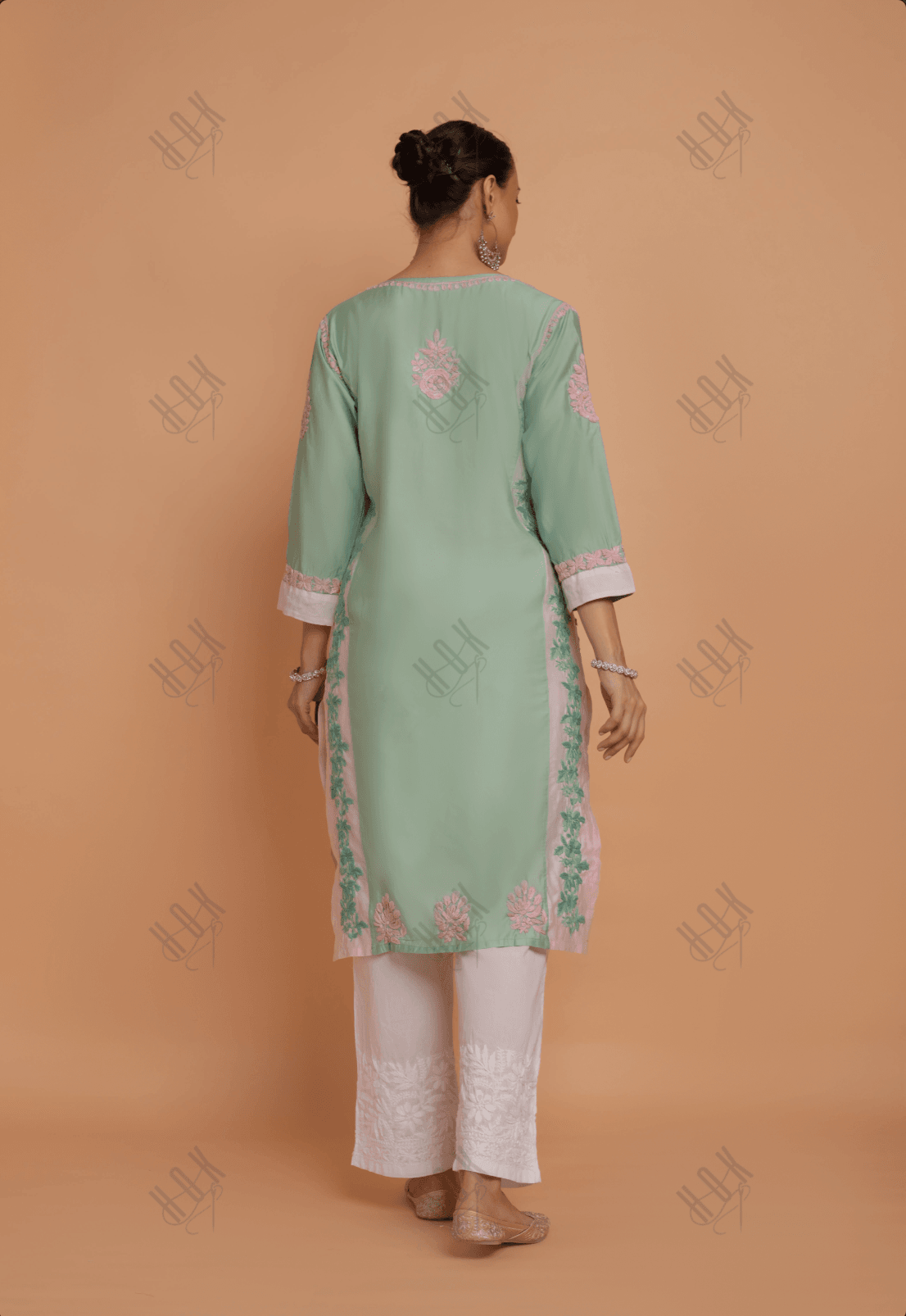 Saba Chikankari kurta in Chanderi Silk - Sea Green With Pink