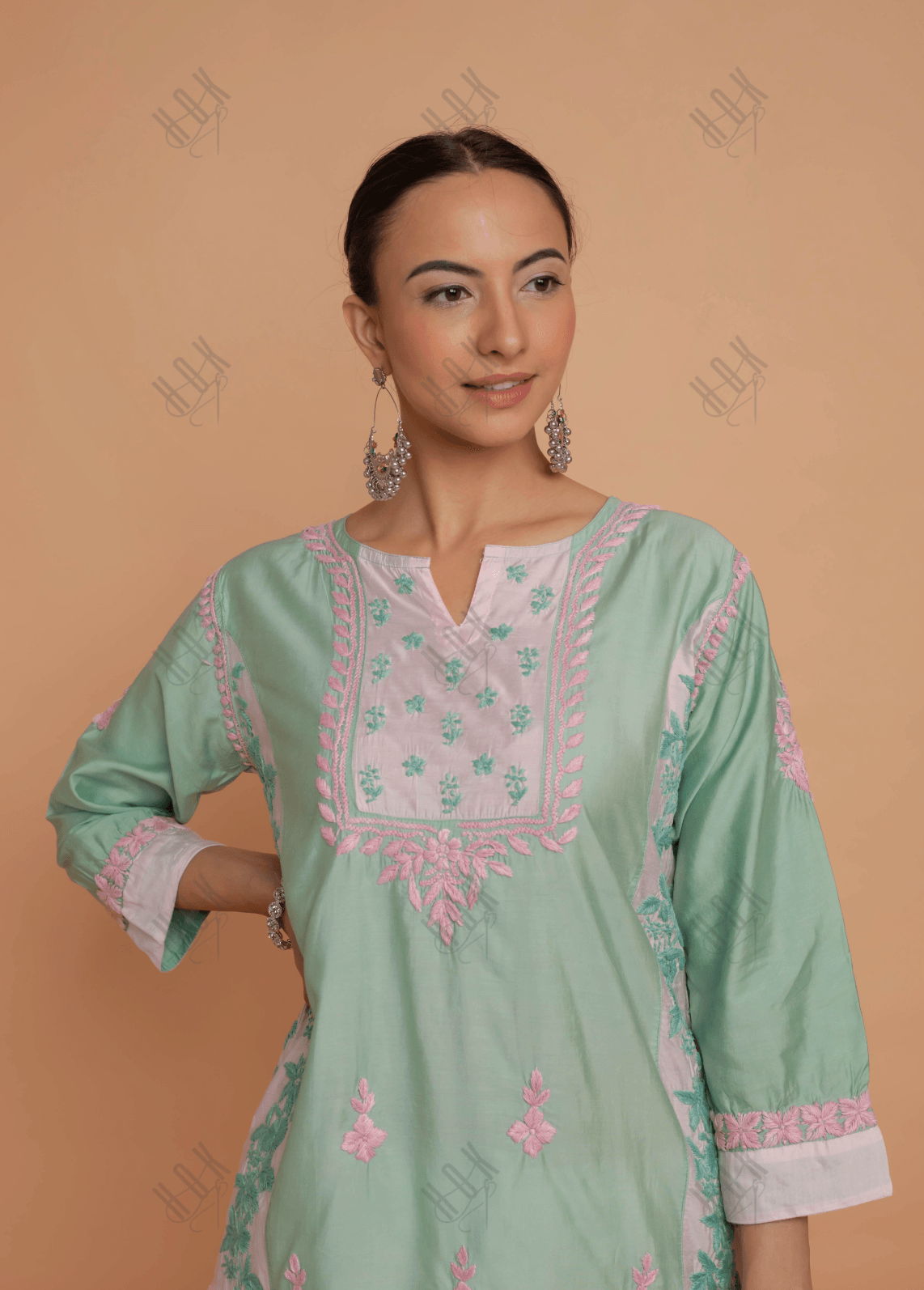 Saba Chikankari kurta in Chanderi Silk - Sea Green With Pink