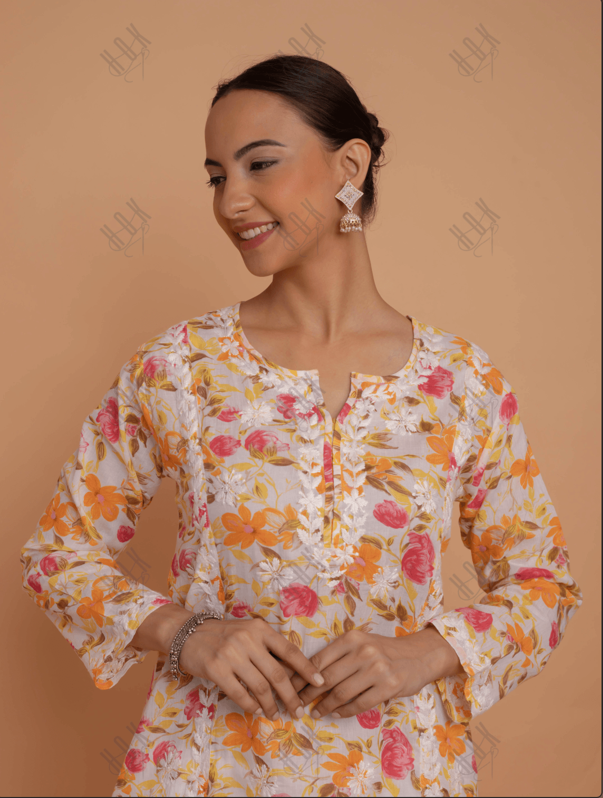 Saba Chikankari Kurta in Mul cotton in Yellow Floral