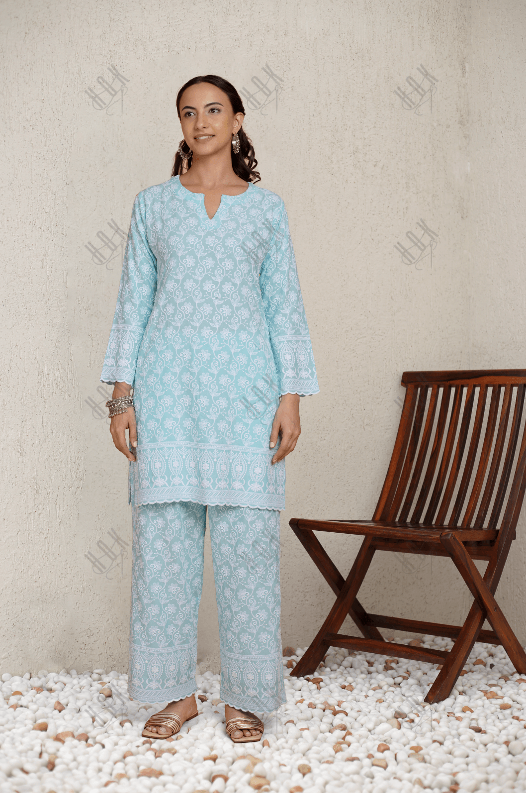 Saba Chikankari Kurta Set in Rayon - Sky Blue