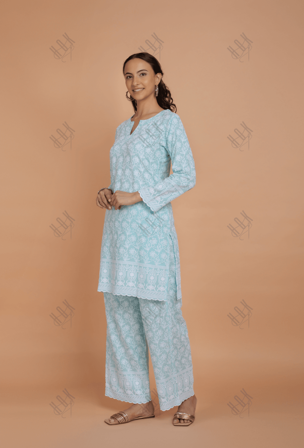 Saba Chikankari Kurta Set in Rayon - Sky Blue