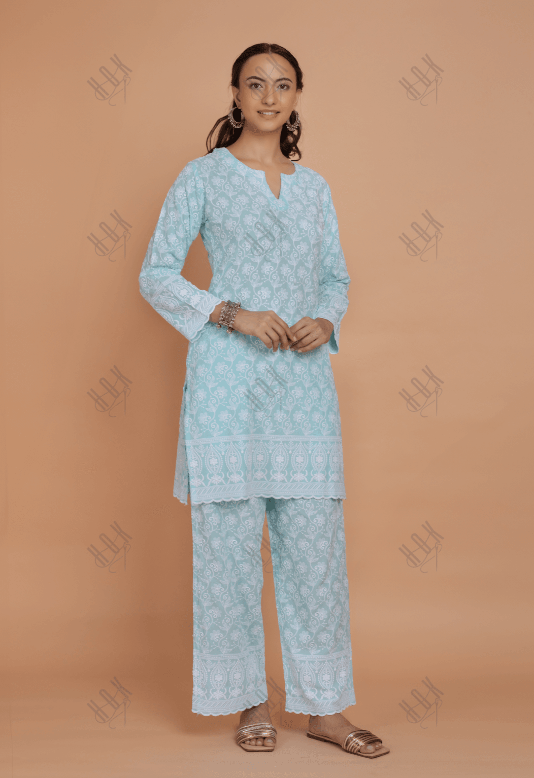 Saba Chikankari Kurta Set in Rayon - Sky Blue