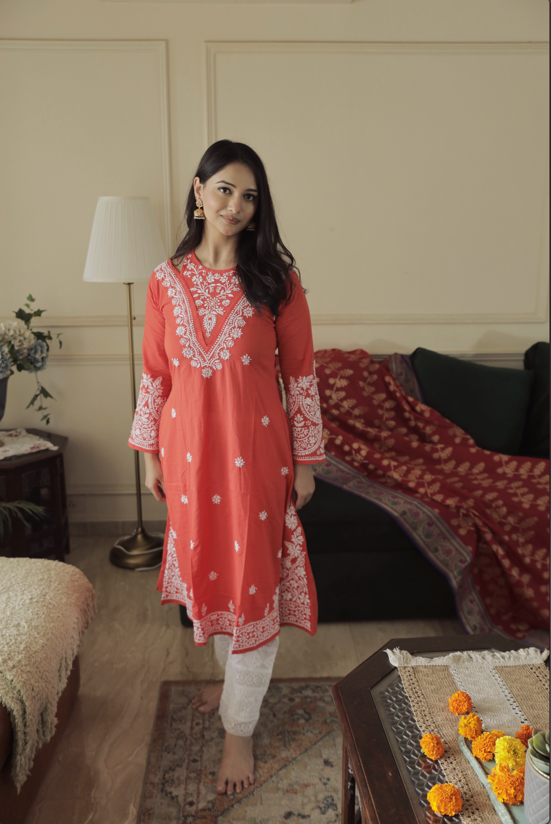 Antara in Saba Chikankari Long kurta in cotton - Red Orange