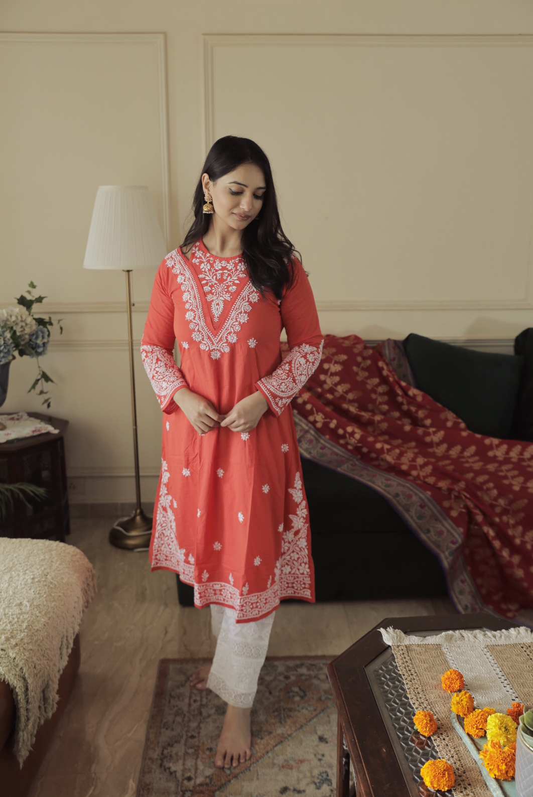 Antara in Saba Chikankari Long kurta in cotton - Red