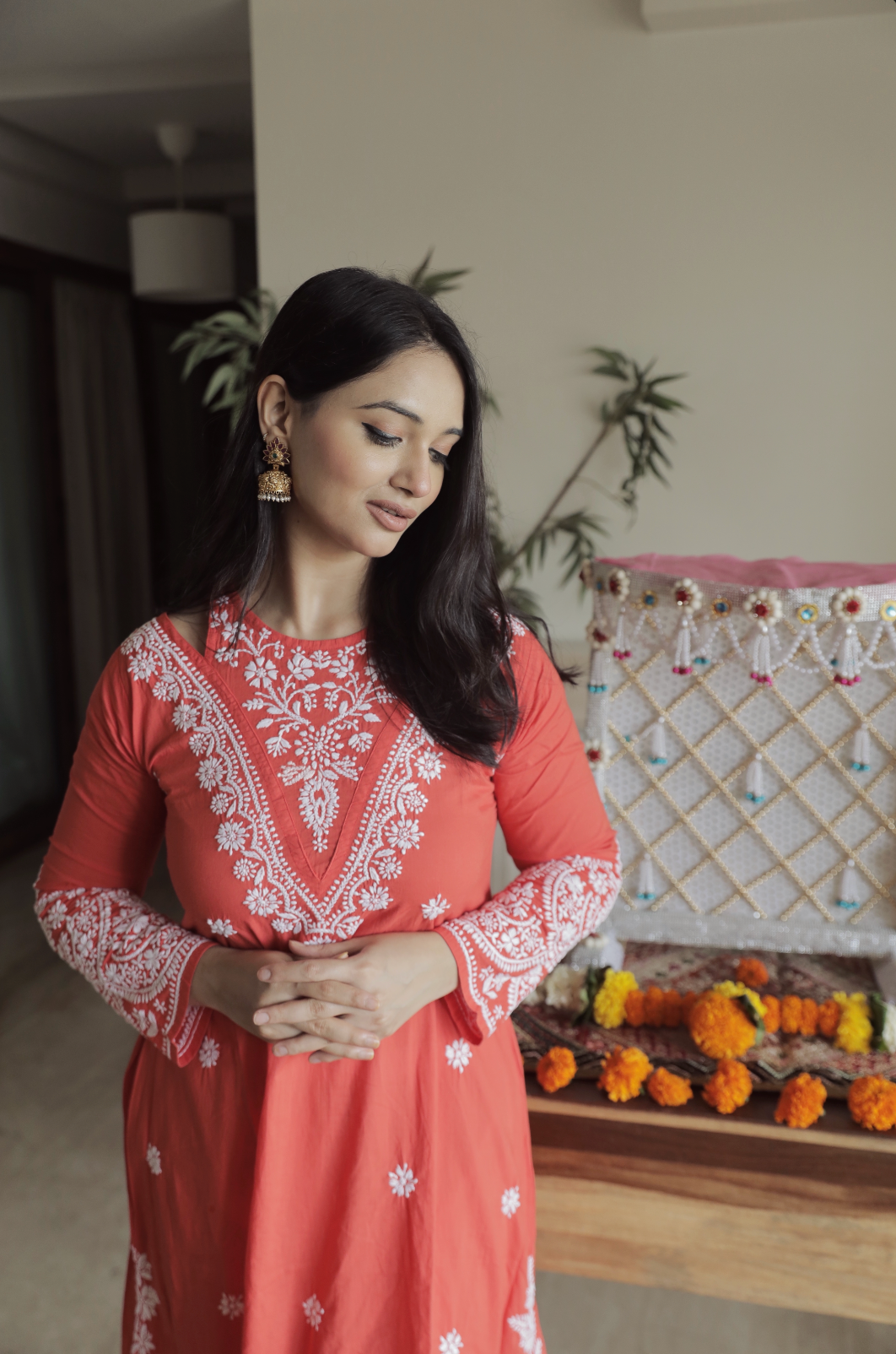 Antara in Saba Chikankari Long kurta in cotton - Red Orange