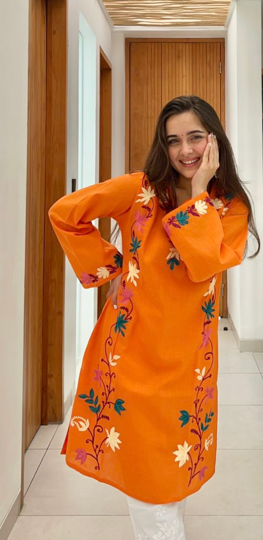 Rishita in Falak Kashmiri Long Kurta - Orange