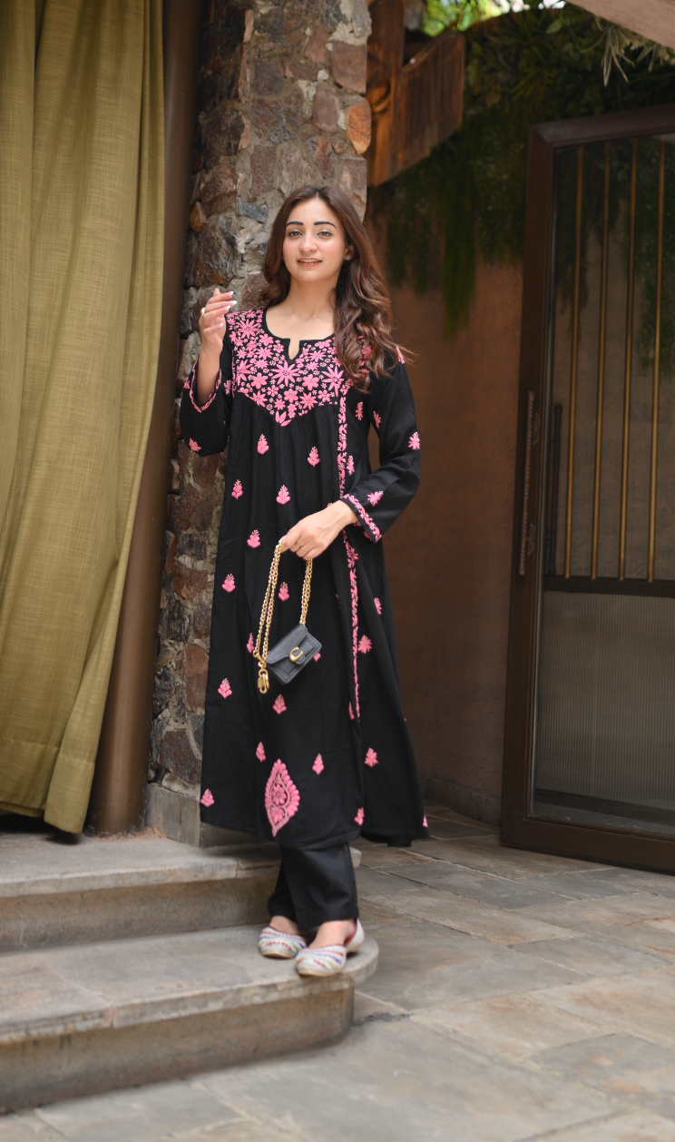 Gargi in Saba Chikankari Long Kurta in Rayon Cotton - Black