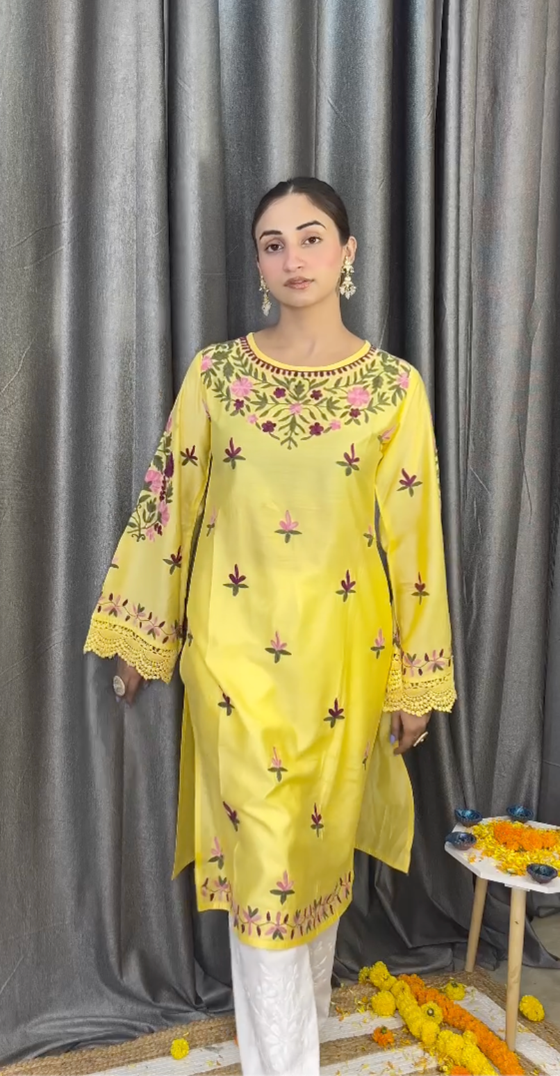 Gargi in Falak Kashmiri Long Kurta In Yellow Chanderi Silk With Aari