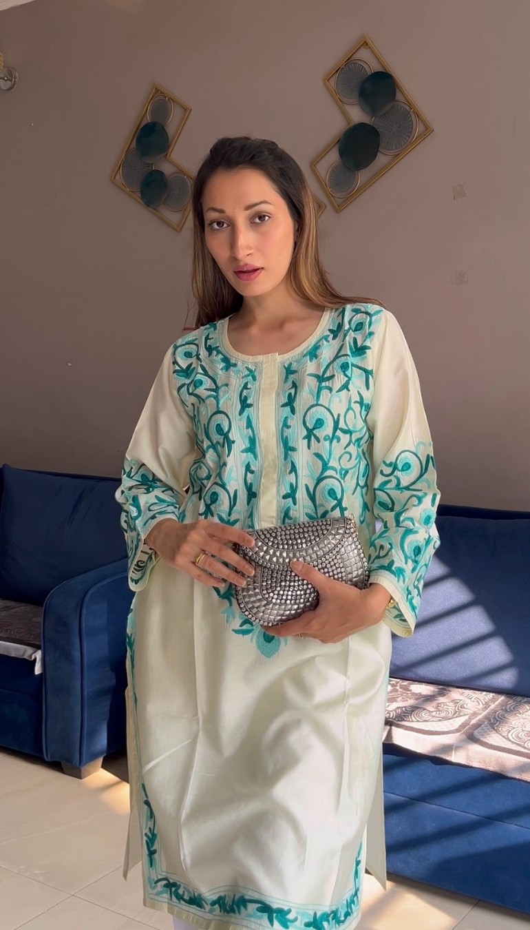 Mohi in Falak Kashmiri Long Kurta In Chanderi Silk With Turquoise Blue Embroidery