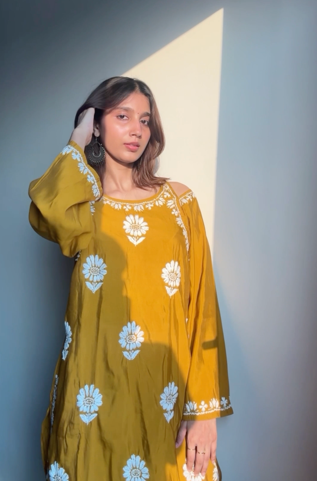 Himani in Saba Chikankari Long Kurta Shoulder Cut In Muslin - Mustard