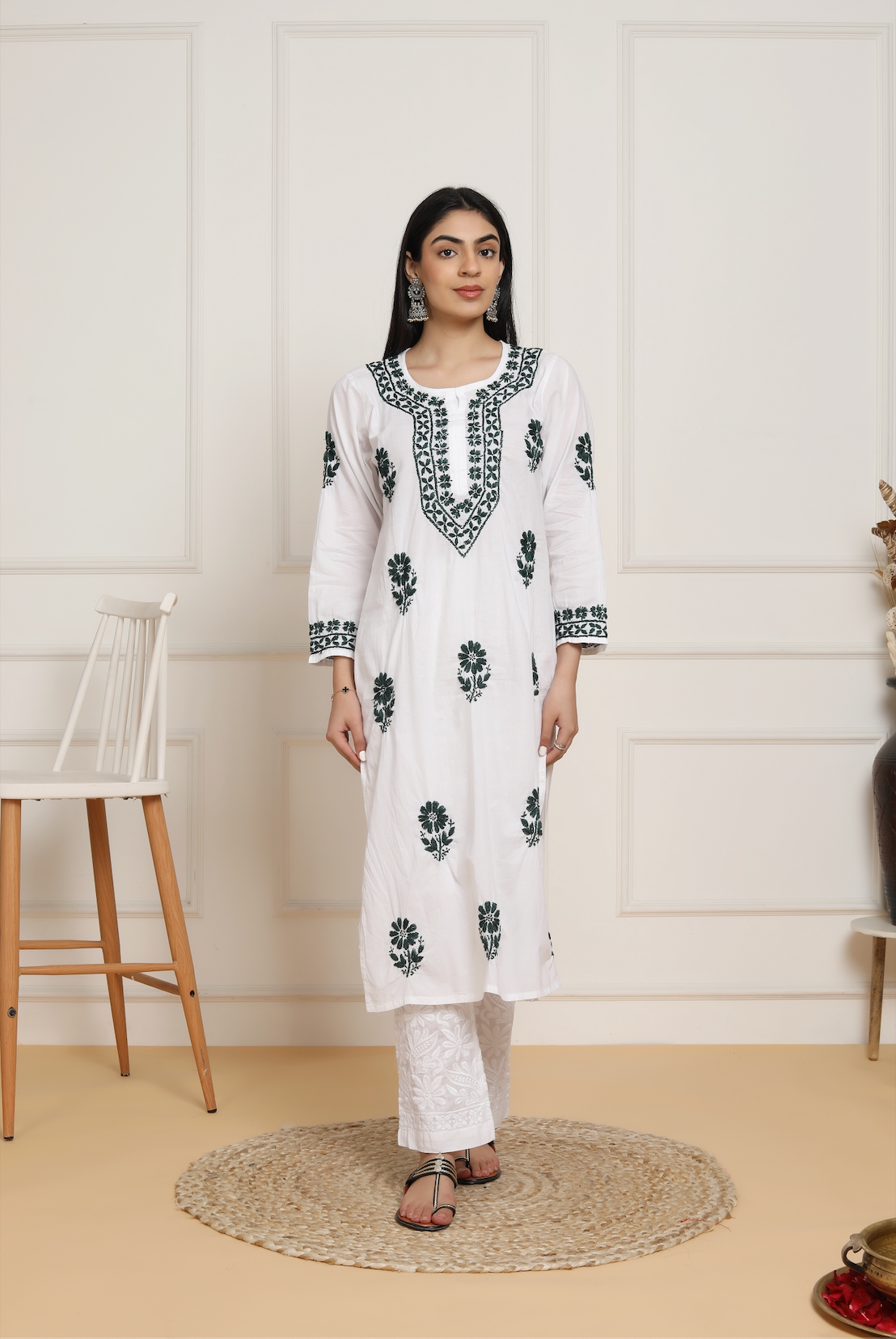 Saba Chikankari Set in Mul cotton Kurta  for Women - White with Black