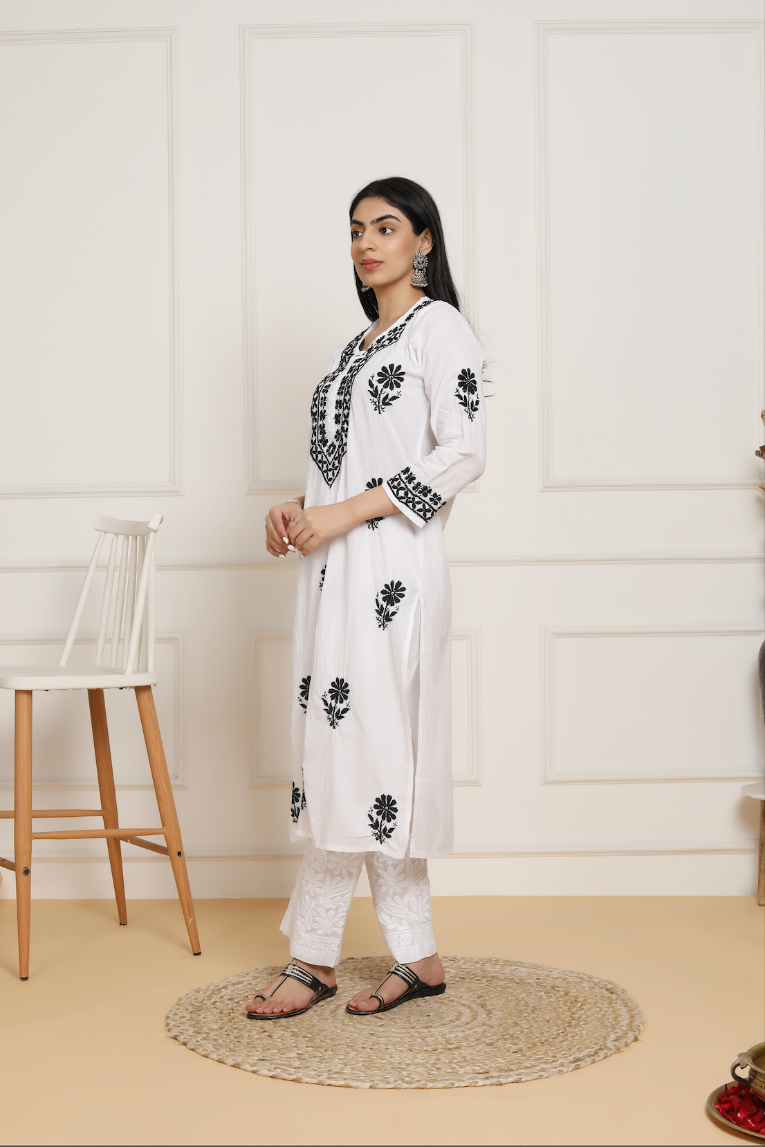 Saba Chikankari Set in Mul cotton Kurta  for Women - White with Black