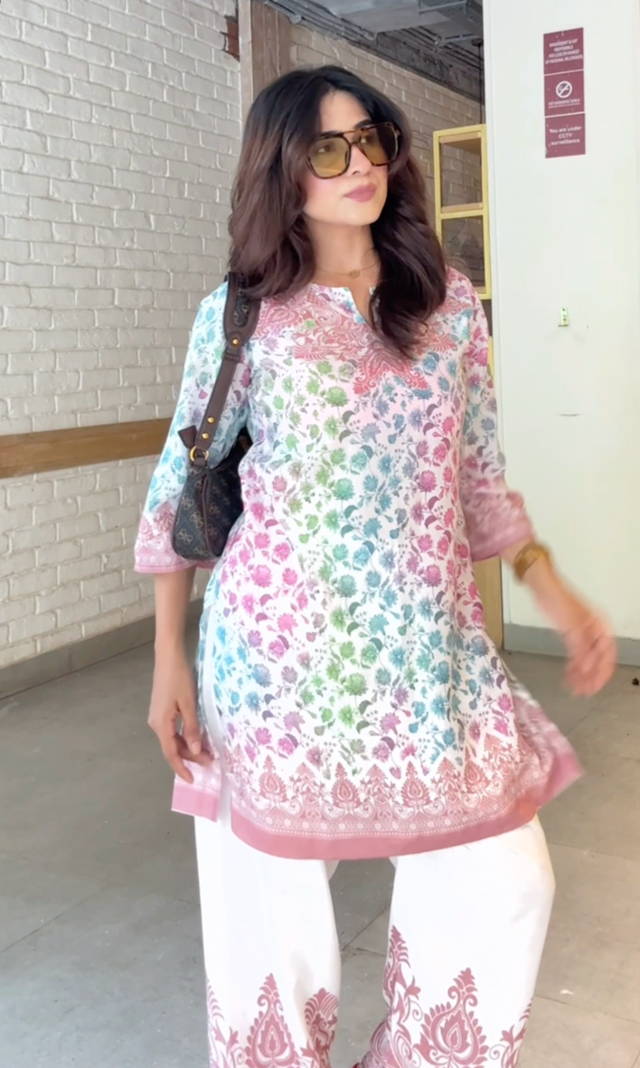 Shivani in Lawn Cotton Printkari Co-ord Set – White Multicolor With Straight pant