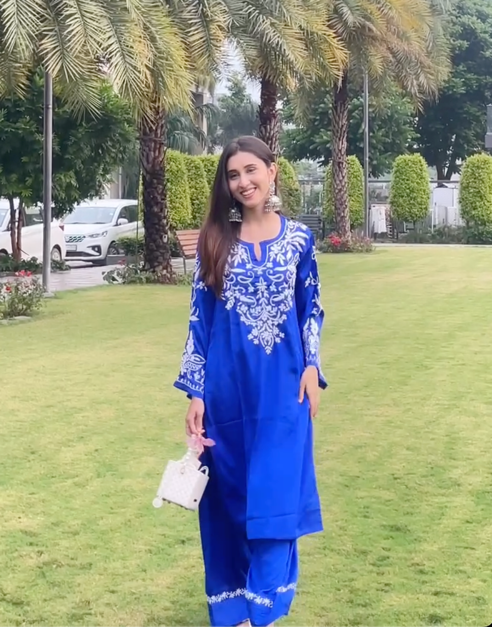 Yashaswi in Chikankari Kurta Set in Satin Silk with Farsi Pants – Royal Blue
