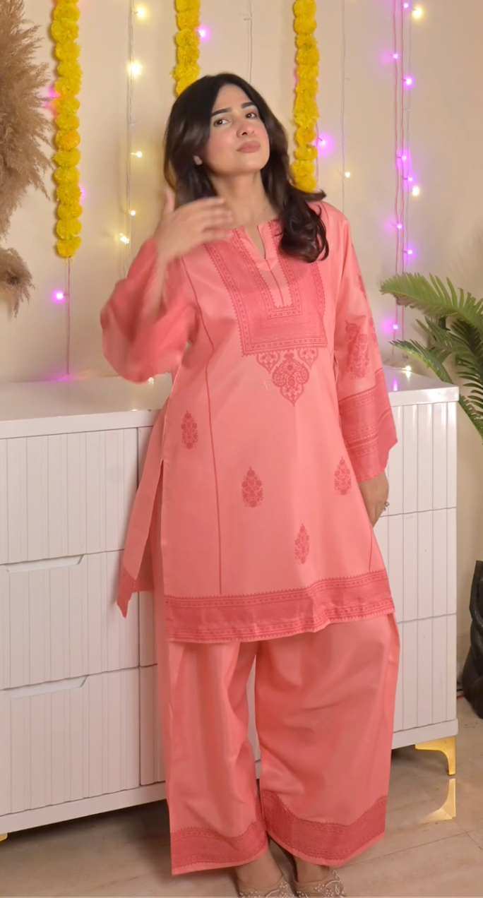 Shivani in Lawn Cotton Shimmer Printed Cord Set with Tonal Motif Print & Farsi Bottom - Peach