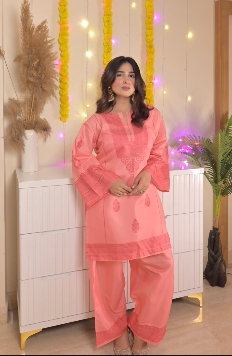 Shivani in Lawn Cotton Shimmer Printed Cord Set with Tonal Motif Print & Farsi Bottom - Peach