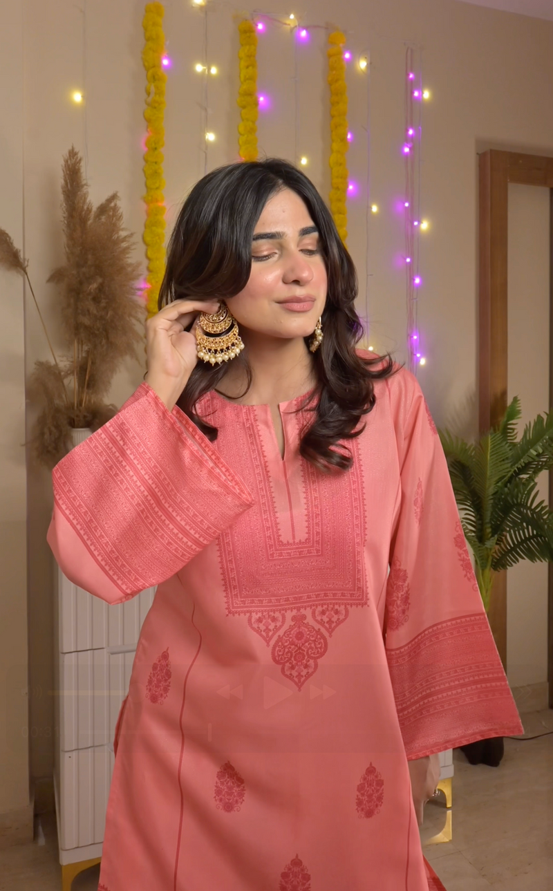 Shivani in Lawn Cotton Shimmer Printed Cord Set with Tonal Motif Print & Farsi Bottom - Peach