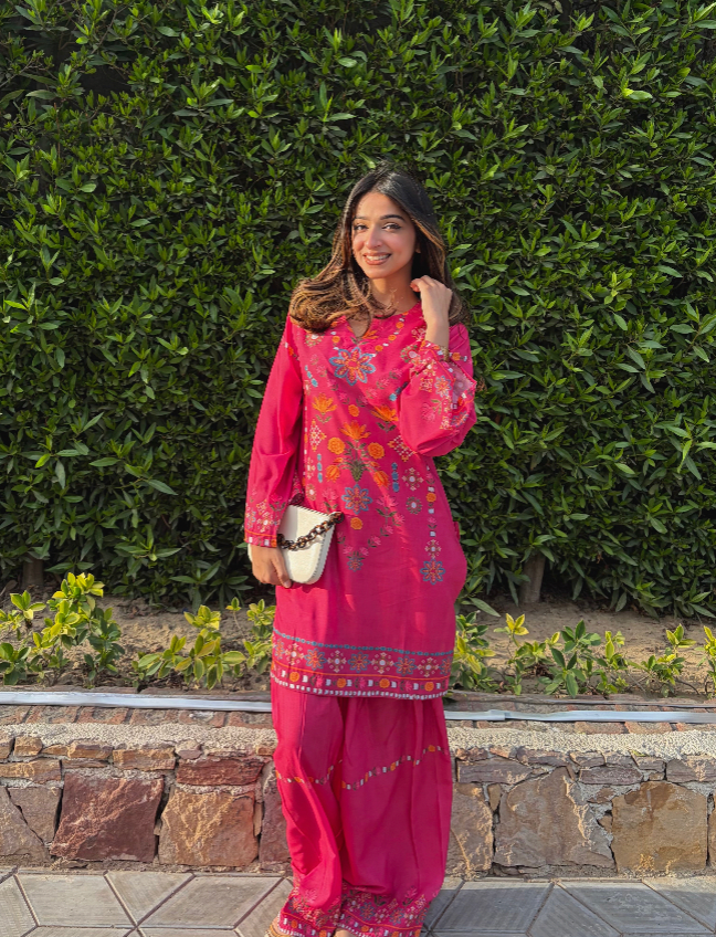 Prabhman In Raspberry Pink Printed Lawn Cotton Kurta Set with Farsi Pants